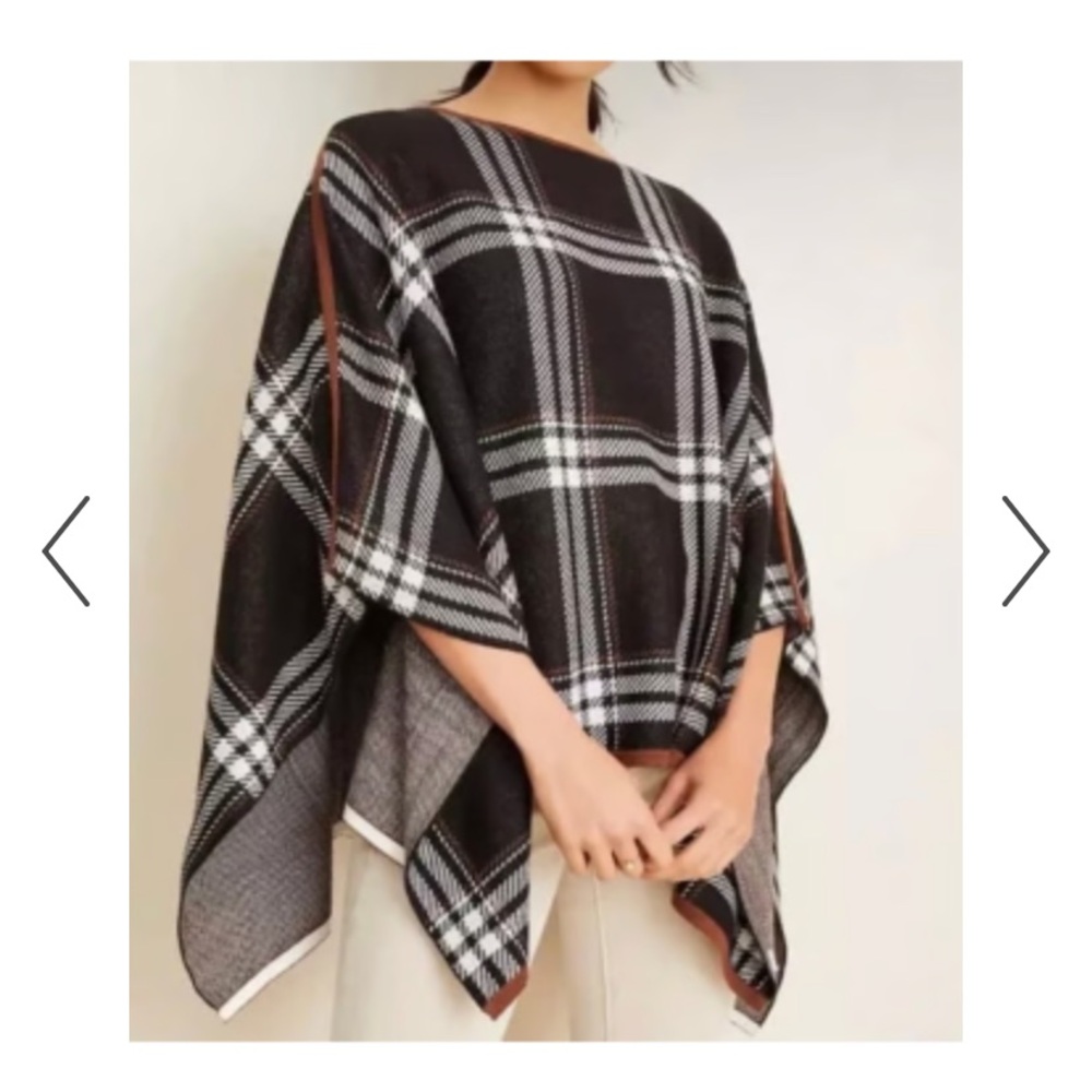 Ann Taylor Black and White Knit Poncho with brown trim